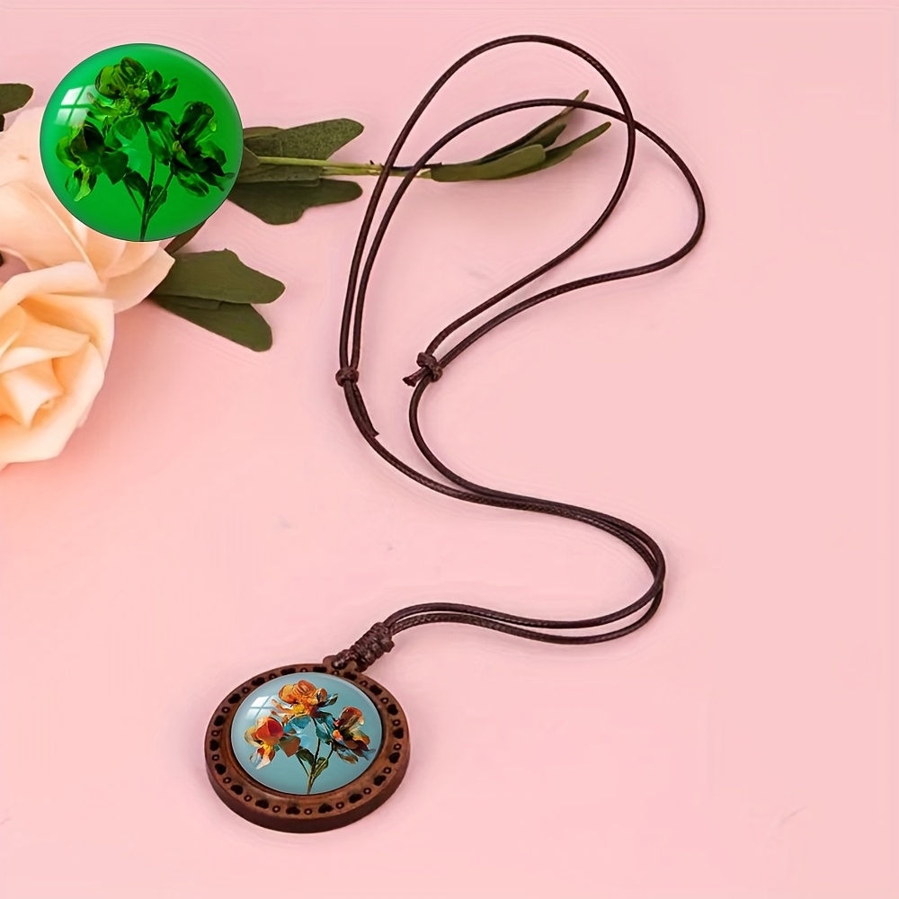 Artistic Floral Wooden Pendant Necklace, Luminous Style